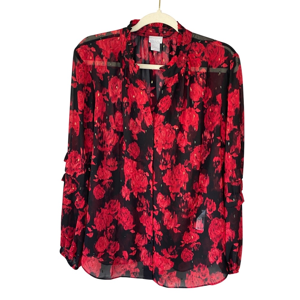 Chico's Red Black Floral Ikat Metallic Lurex Ruffle Chiffon Blouse Size 2.5 14